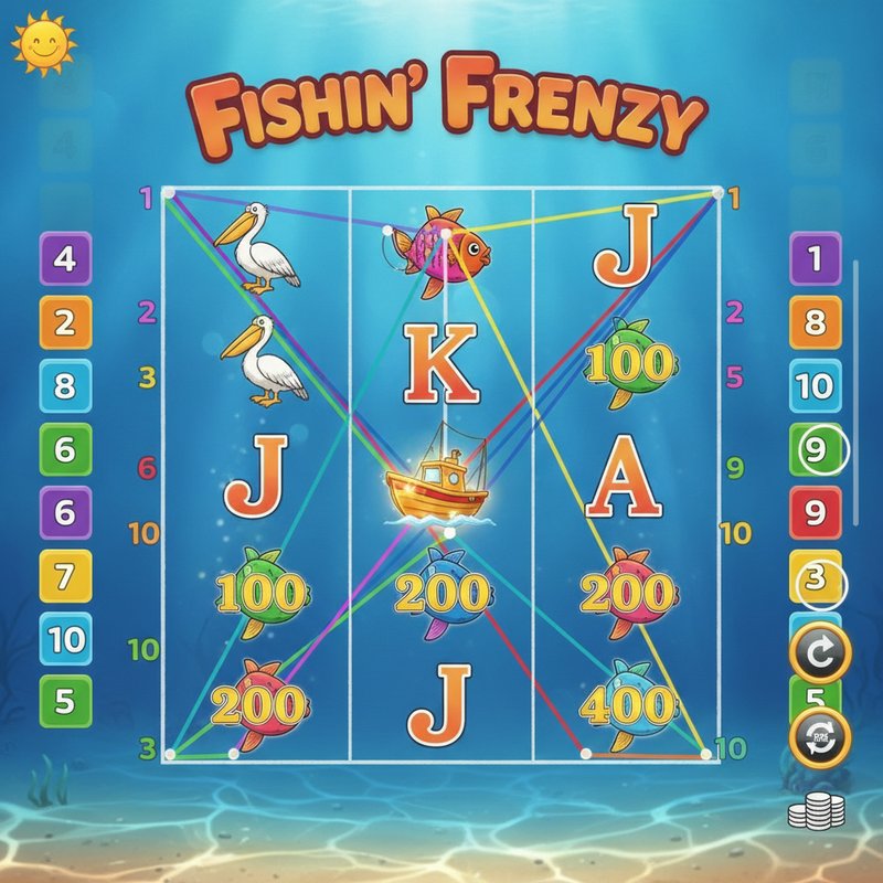 Fishin Frenzy gameplay showing active coloured paylines across the 5x3 reel grid with boat scatter symbol