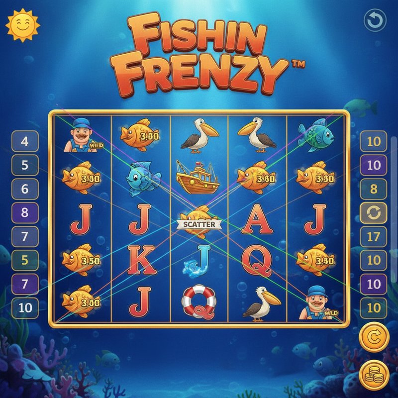 Fishin Frenzy gameplay showing active paylines across the 5x3 reel grid with coloured win lines