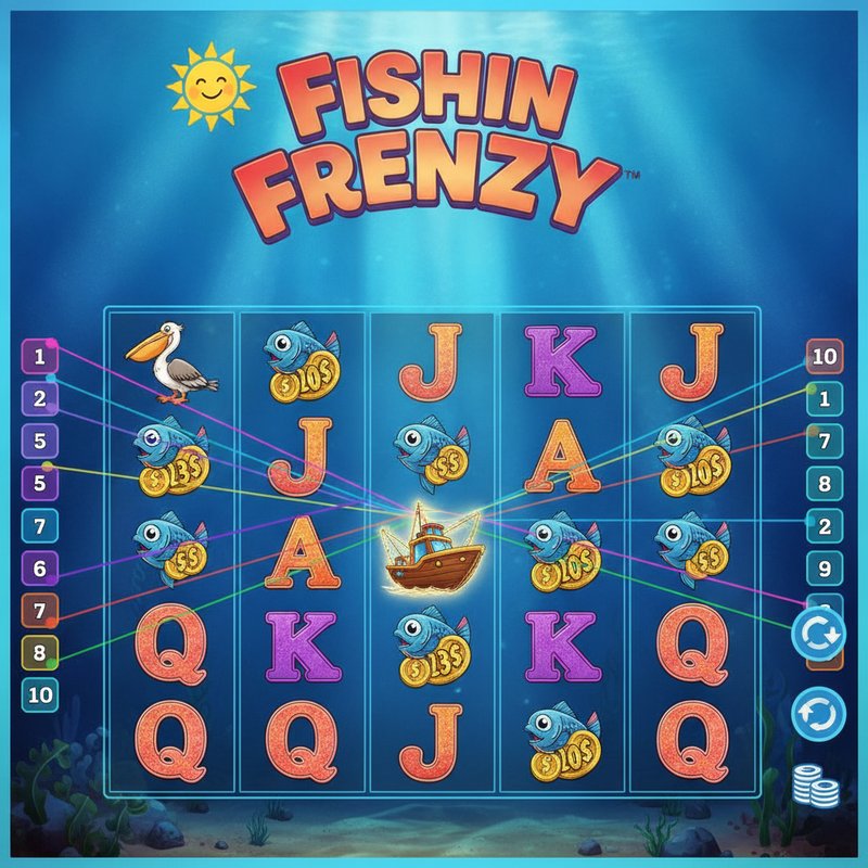 Fishin Frenzy slot main screen showing 5x3 reels against an underwater ocean background with sunlight filtering through blue water