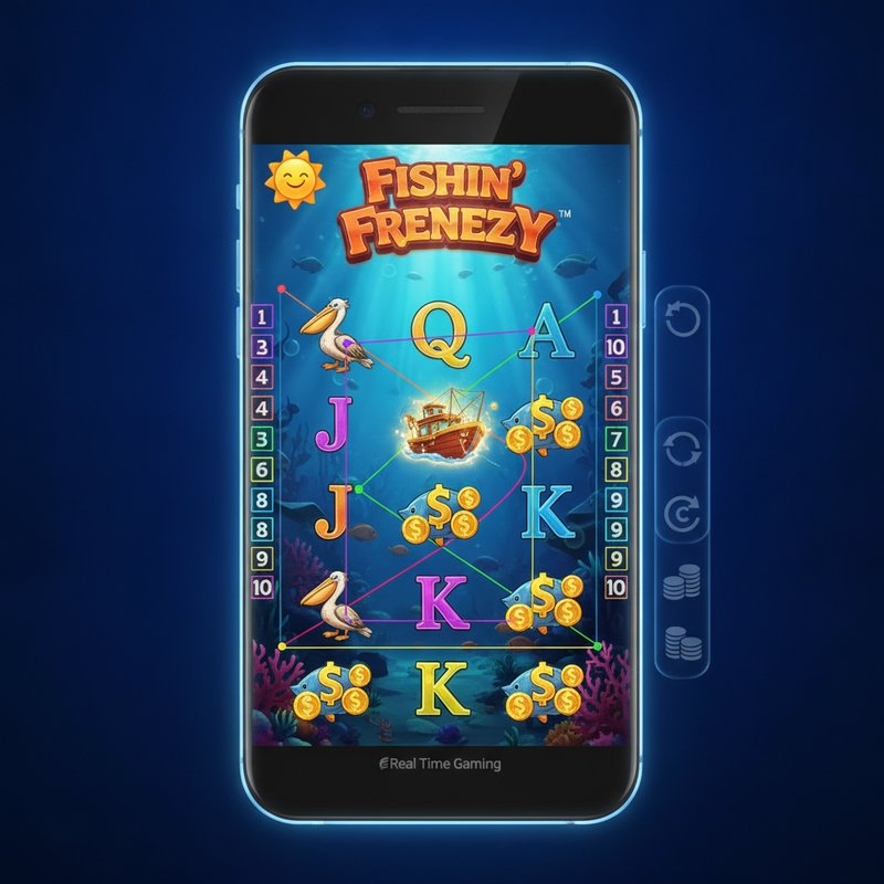 Fishin Frenzy slot displayed on a mobile device with Real Time Gaming provider branding