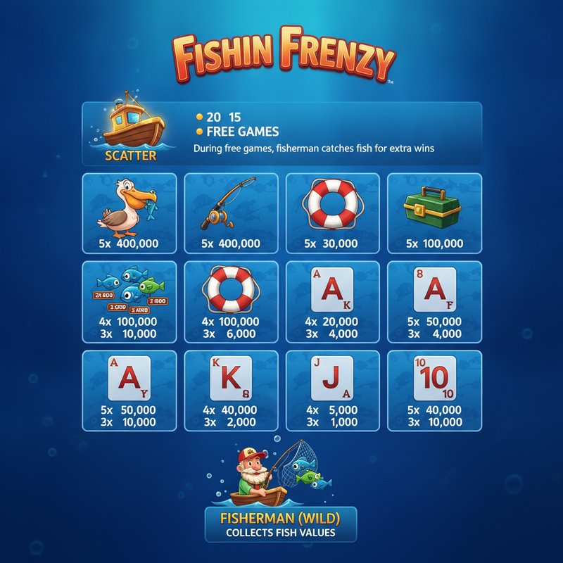 Fishin Frenzy paytable displaying pelican, fishing rod, life preserver, tackle box and card symbol payouts